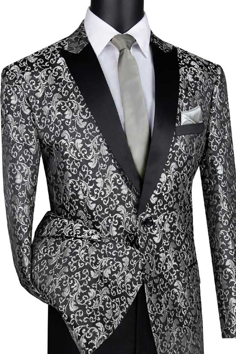 Mens Paisley Embroidered Regular Fit Sport Coat Tuxedo in Silver Grey