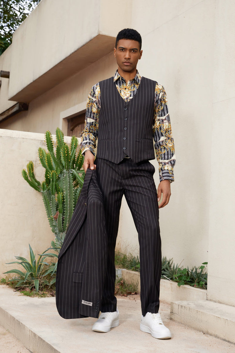 Men’s Stacy Adam’s One Button Vested Modern Suit in Black Pinstripe