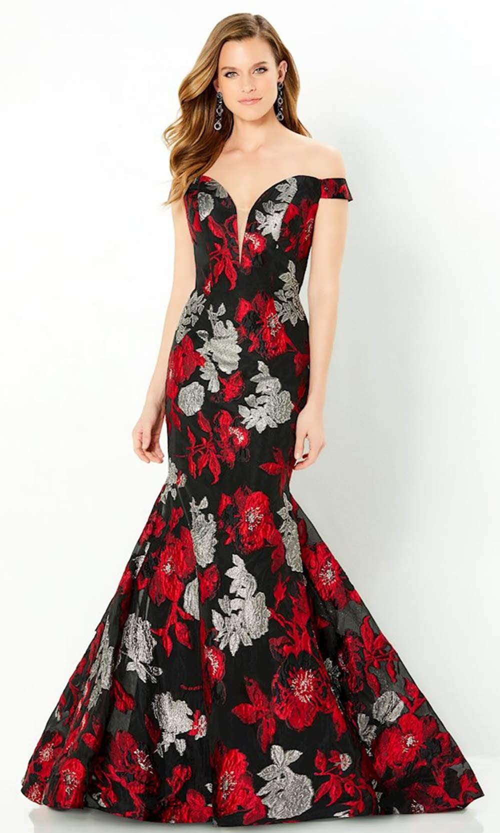 220952 Floral Deep Off-Shoulder Gown