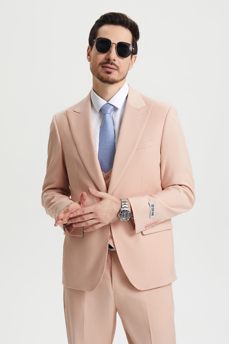 Men’s Vested One Button Peak Lapel Stacy Adams Designer Suit in Blush Pink