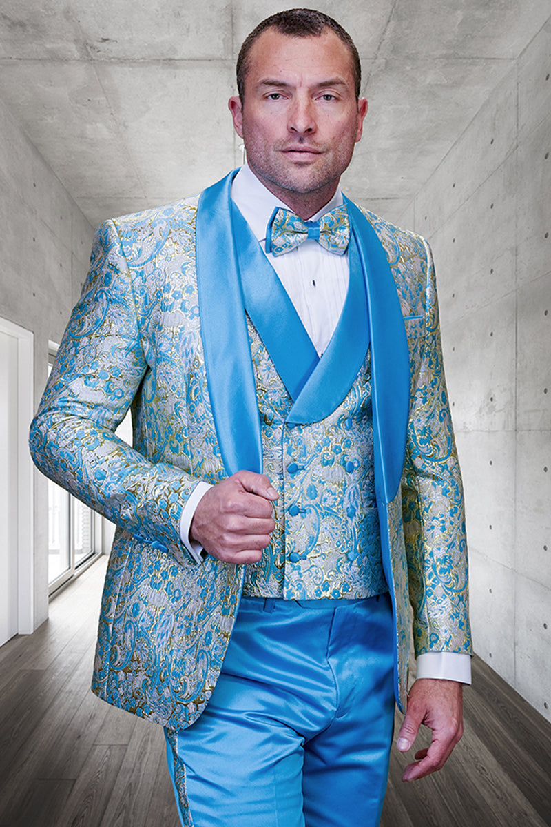 Men’s Vested Shiny Paisley Wedding Tuxedo with Double Breasted Vest in Turquoise
