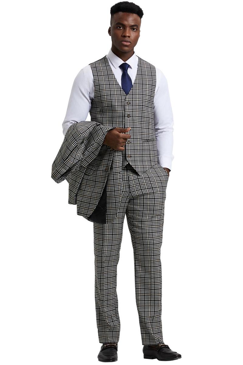 Men’s Stacy Adams Vested Modern Fit Houndstooth Glen Plaid Suit in Grey & Green