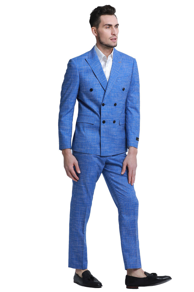 Men’s Slim Fit Double Breasted Summer Sharkskin Suit in French Blue