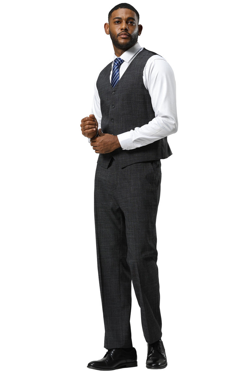Men’s Stacy Adams One Button Peak Lapel Vested Sharkskin Suit in Charcoal