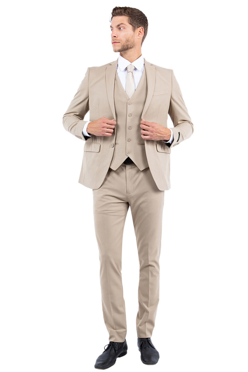 Men’s One Button Vested Slim Fit Business & Wedding Suit in Tan