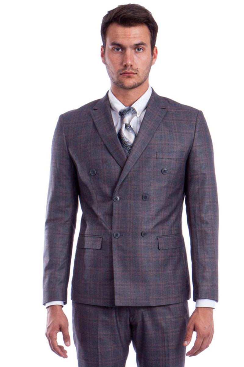 Men’s Slim Fit Double Breasted Suit in Charcoal Windowpane Plaid
