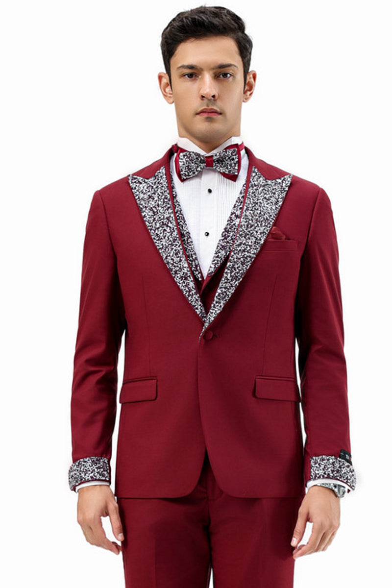 Men’s One Button Rhinestone Peak Lapel Vested Prom Tuxedo in Burgundy