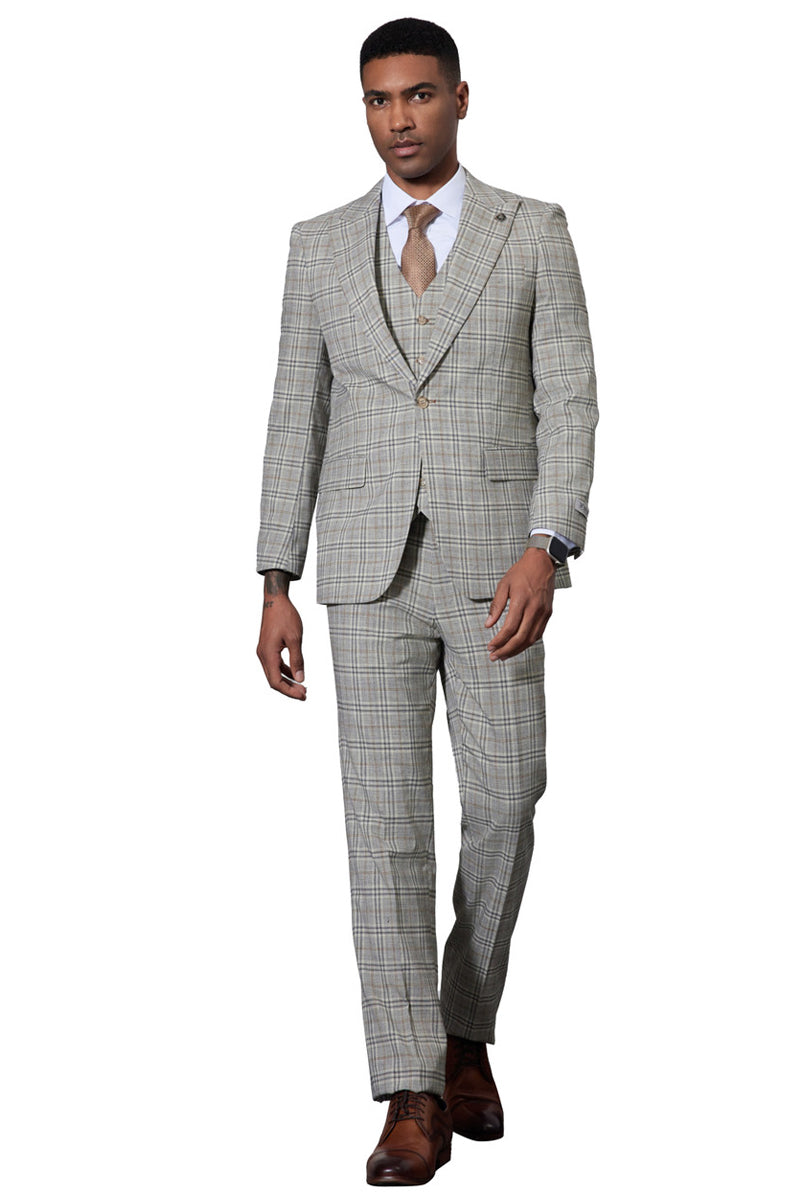 Men’s Stacy Adams One Button Peak Lapel Vested Glen Plaid Suit in Grey