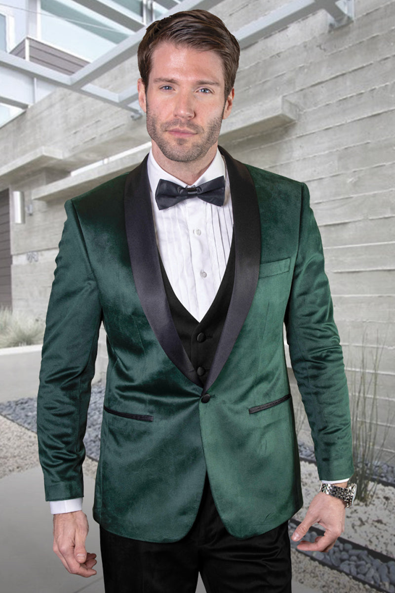 Men’s Designer Vested Velvet Wedding & Prom Tuxed in Hunter Green