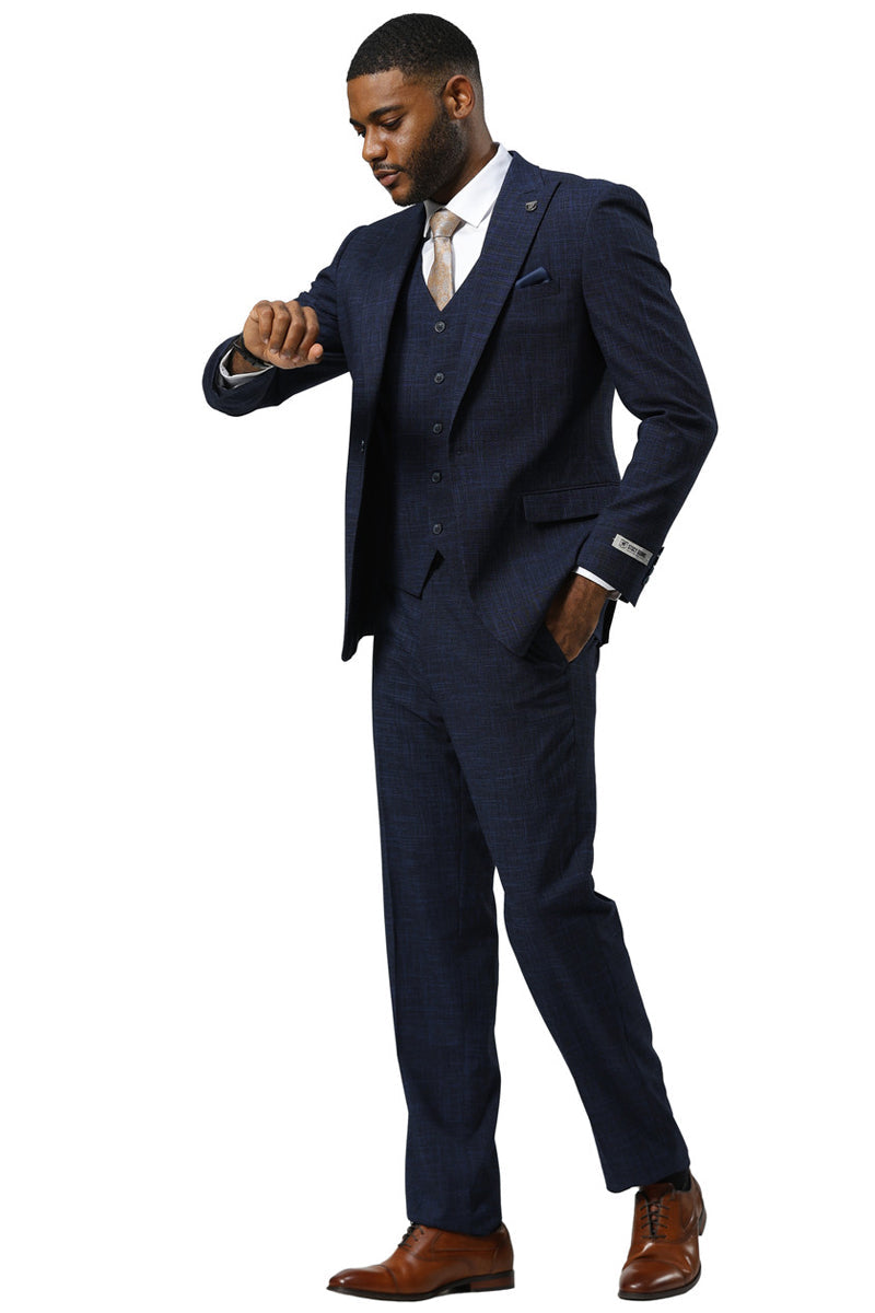 Men’s Stacy Adams One Button Peak Lapel Vested Sharkskin Suit in Navy