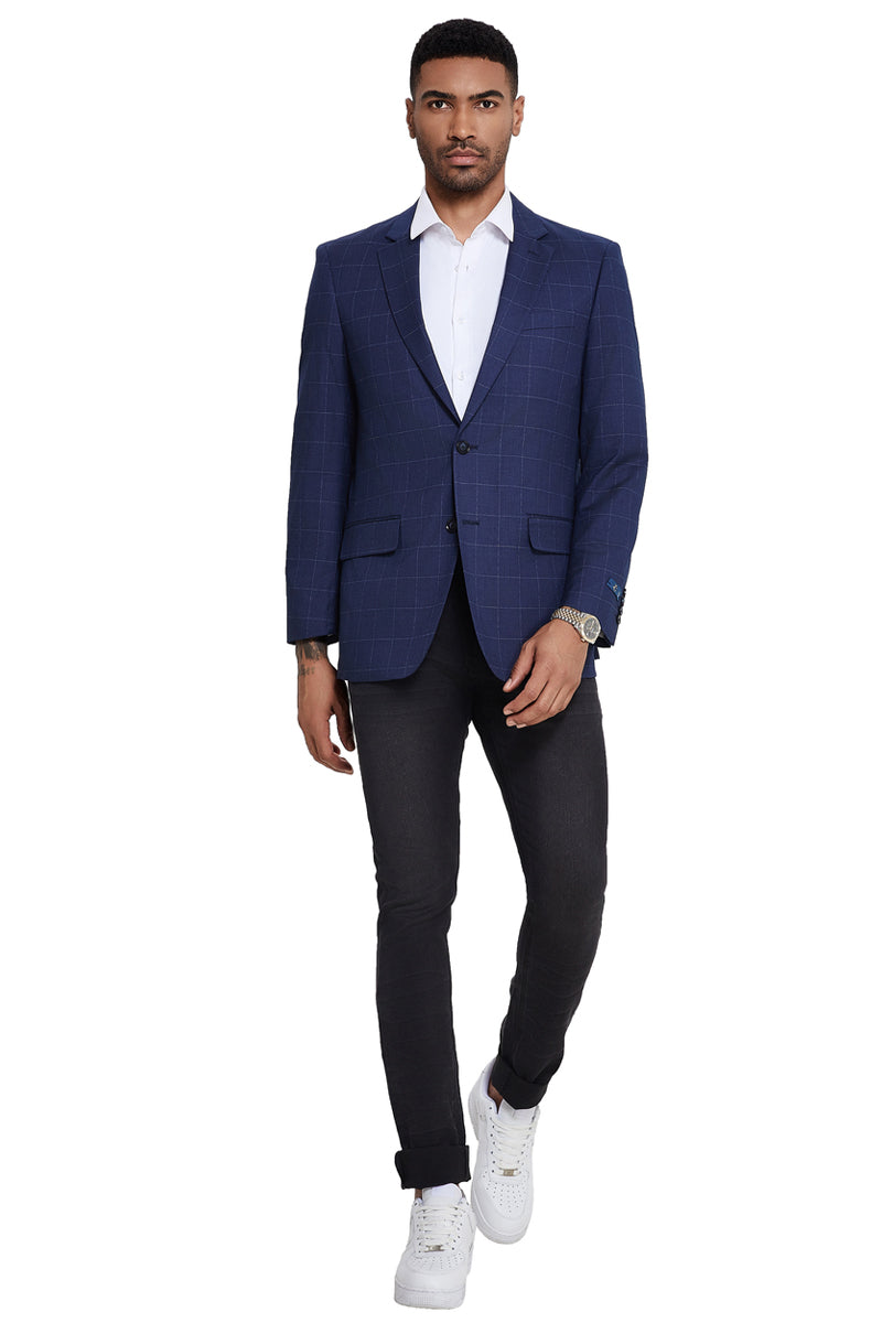 Men’s Two Button Modern Fit Sport Coat in Navy Windowpane Plaid