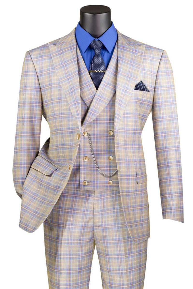 Men’s Summer Windowpane Plaid Suit with Double Breasted Vest in Blue