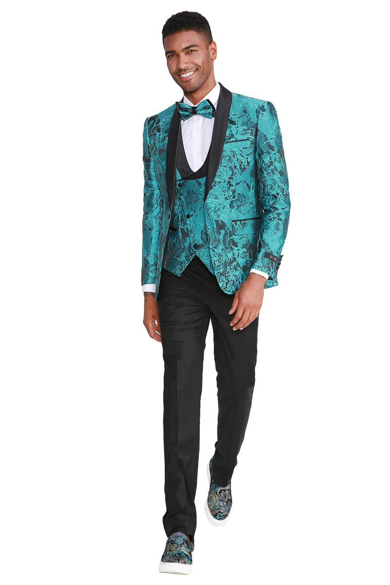 Men’s Slim Fit One Button Vested Paisley Shawl Lapel Prom Tuxedo in Turquoise