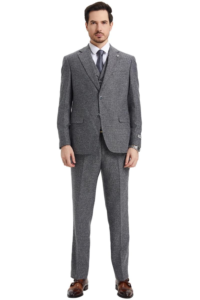 Men’s Stacy Adams Vested Vintage Herringbone Tweed Suit in Grey