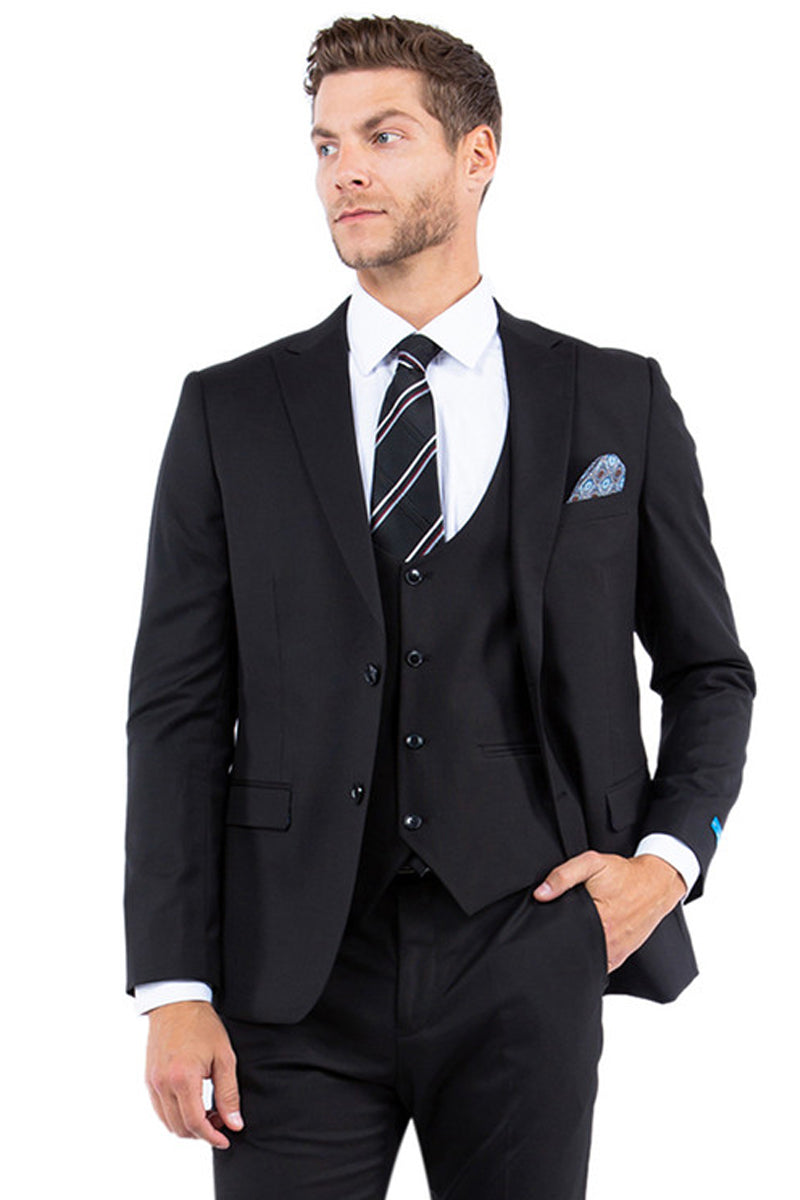 Men’s Two Button Vested Slim Fit Peak Lapel Suit in Black Nailhead