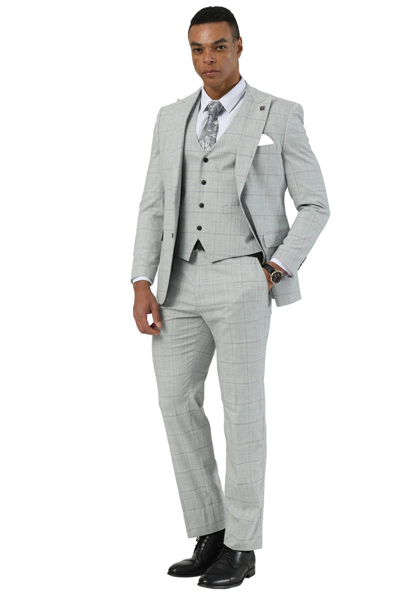 Men’s Stacy Adams Two Button Vested Peak Lapel Suit in Light Grey Windowpane Plaid