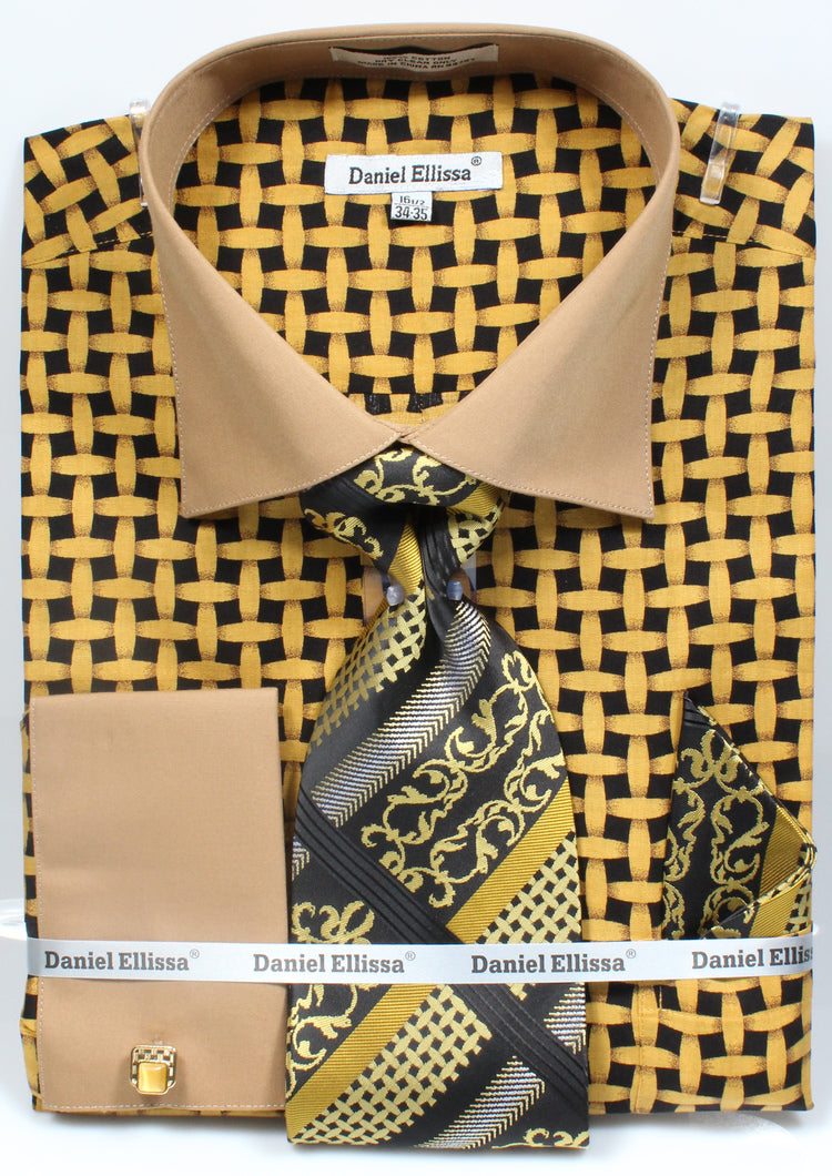 Men’s Contrast Collar French Cuff Lattice Pattern Dress Shirt & Tie Set in Black & Mustard
