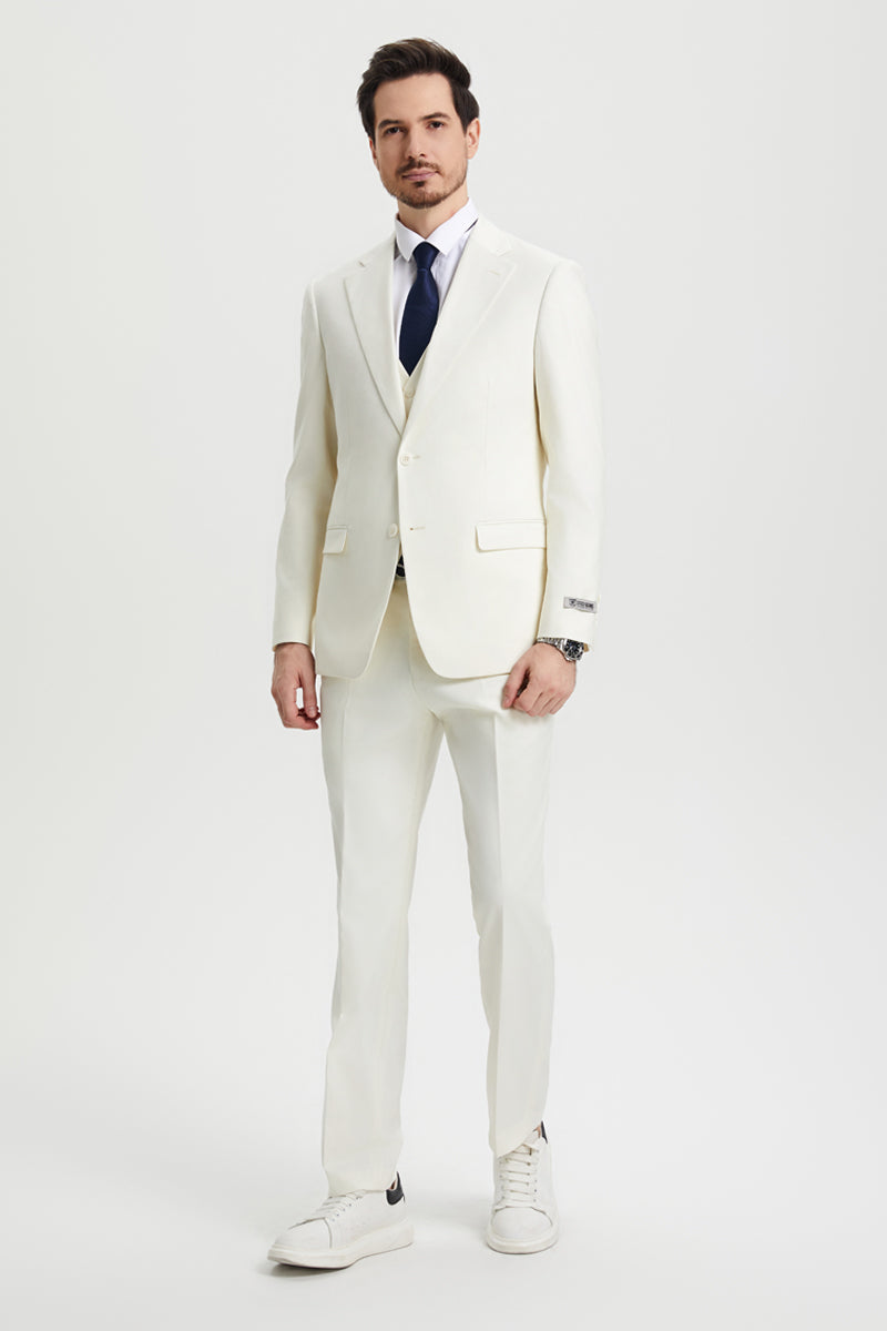 Men’s Two Button Vested Stacy Adams Basic Designer Suit in Ivory Off White