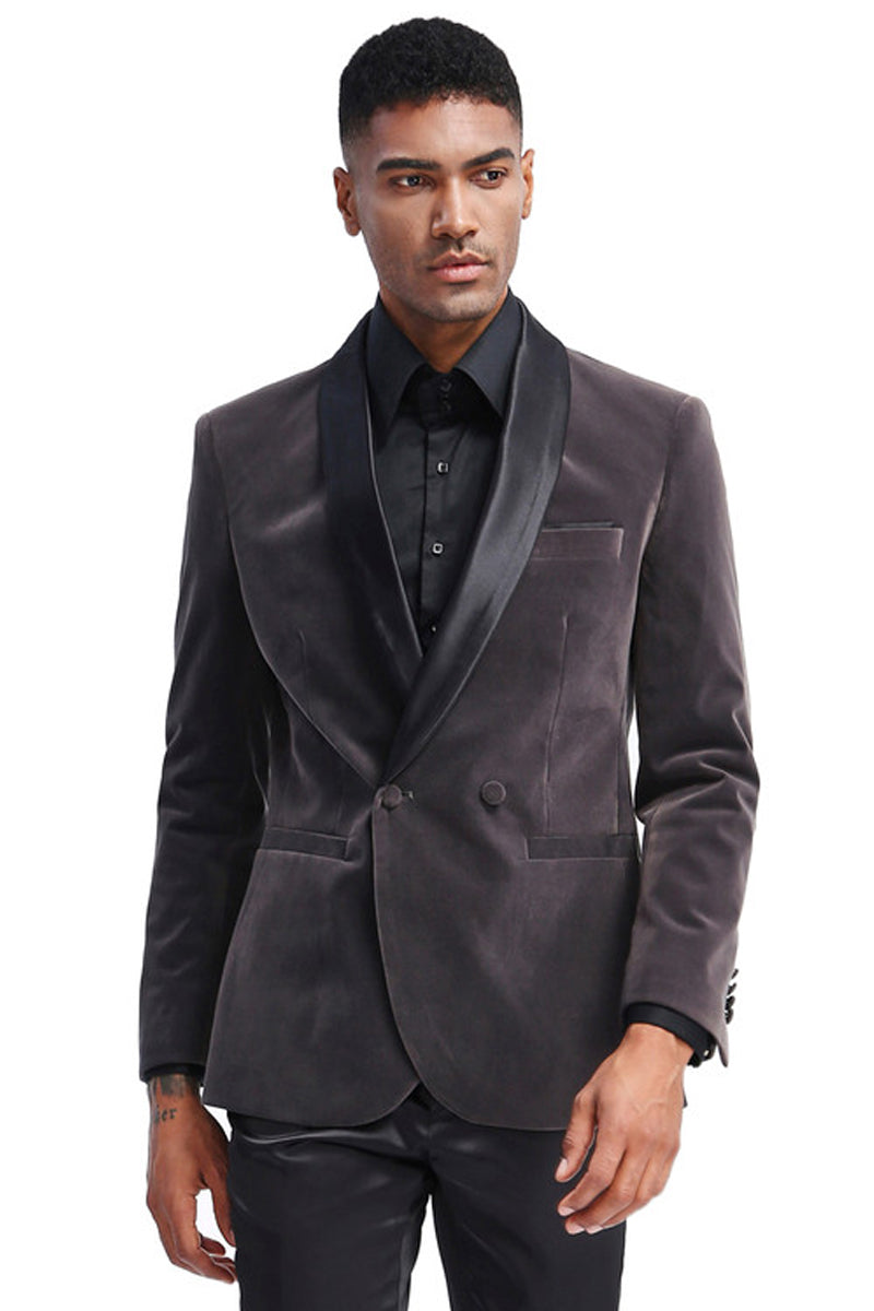 Men’s Slim Fit Double Breasted Velvet Smokin Jacket in Grey