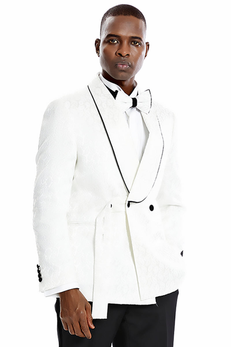 Men’s Slim Fit Double Breasted Smoking Jacket Prom & Wedding Tuxedo in White Paisley