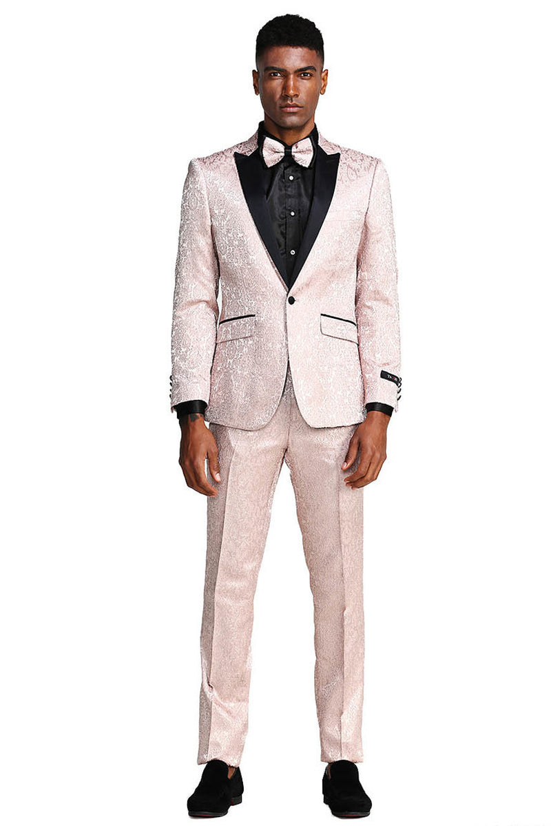 Men’s One Button Slim Fit Paisley Wedding & Prom Tuxedo in Blush Pink