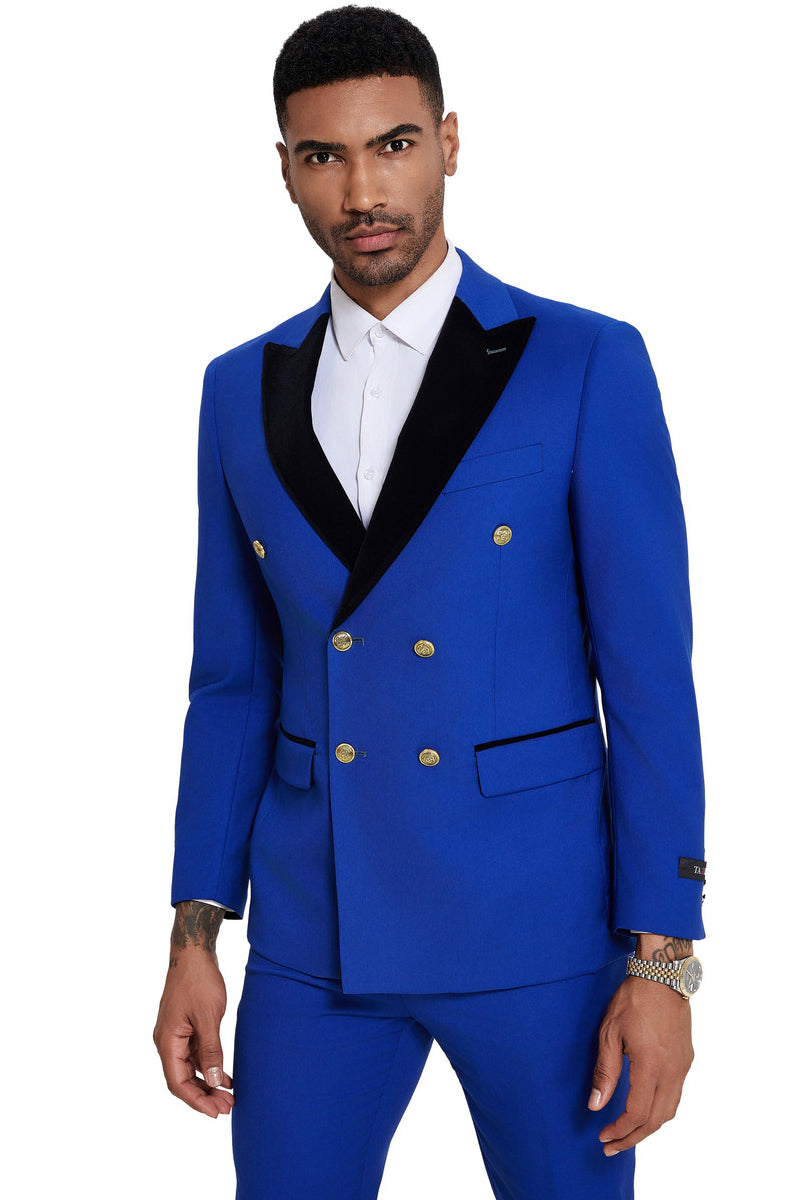 Men’s Double Breasted Wedding Suit with Velvet Peak Lapel and Gold Buttons in Royal Blue