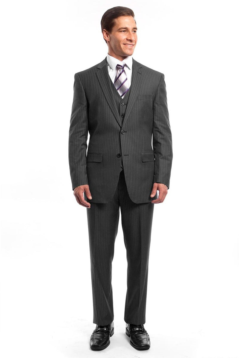Men’s Two Button Vested Business Suit in Grey Pinstripe
