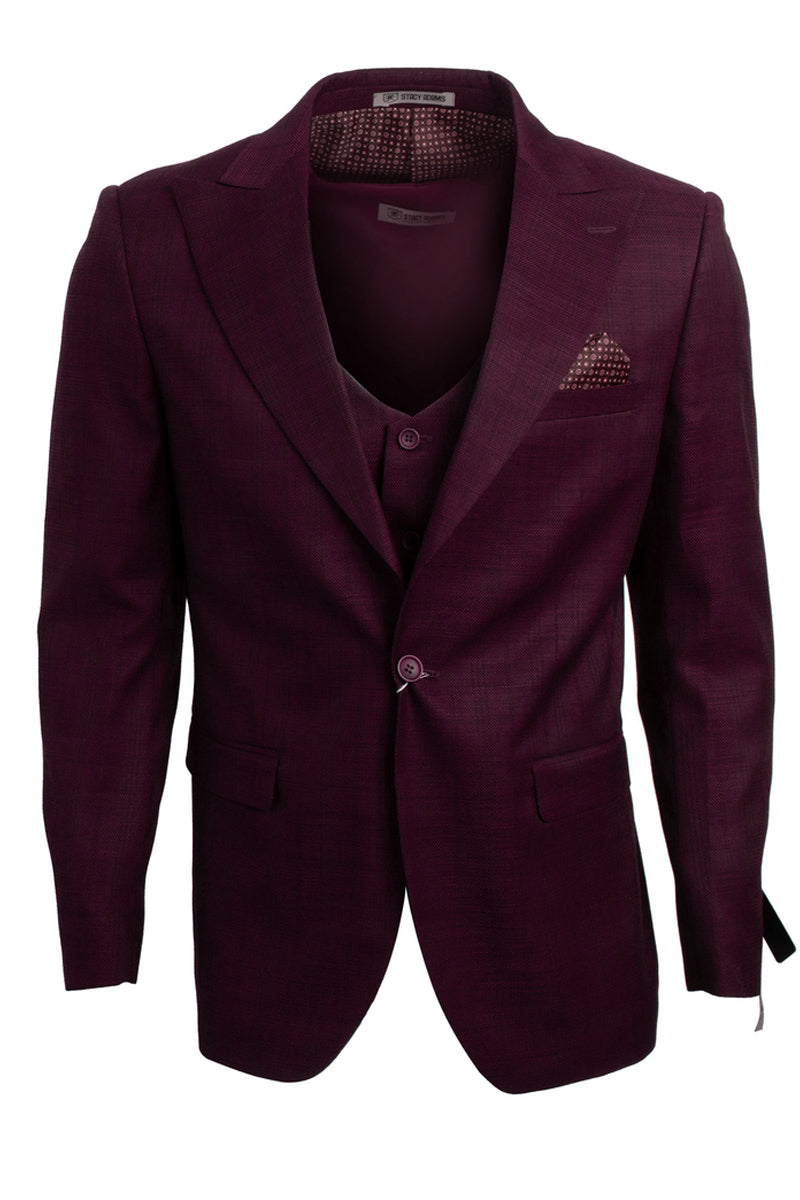 Men’s Stacy Adams One Button Vested Peak Lapel Glen Plaid Suit in Burgundy