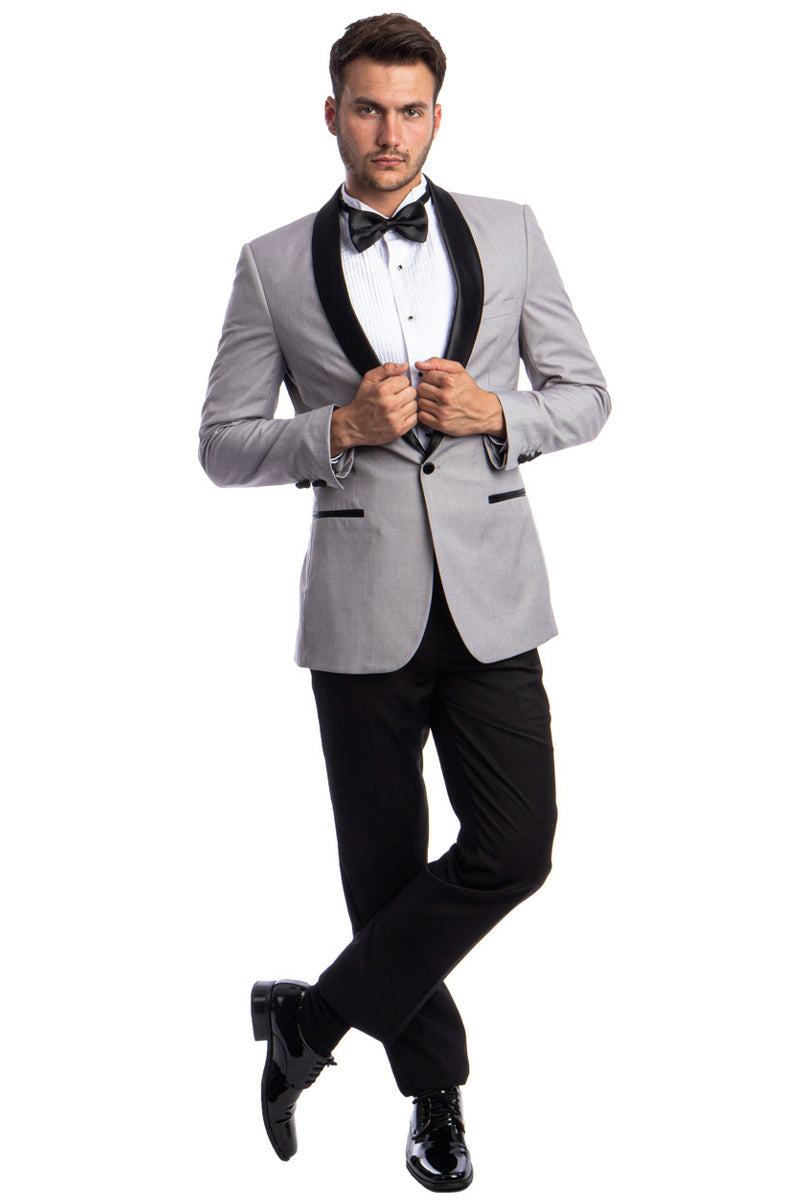 Men’s Skinny Fit One Button Shawl Prom Tuxedo in Light Grey