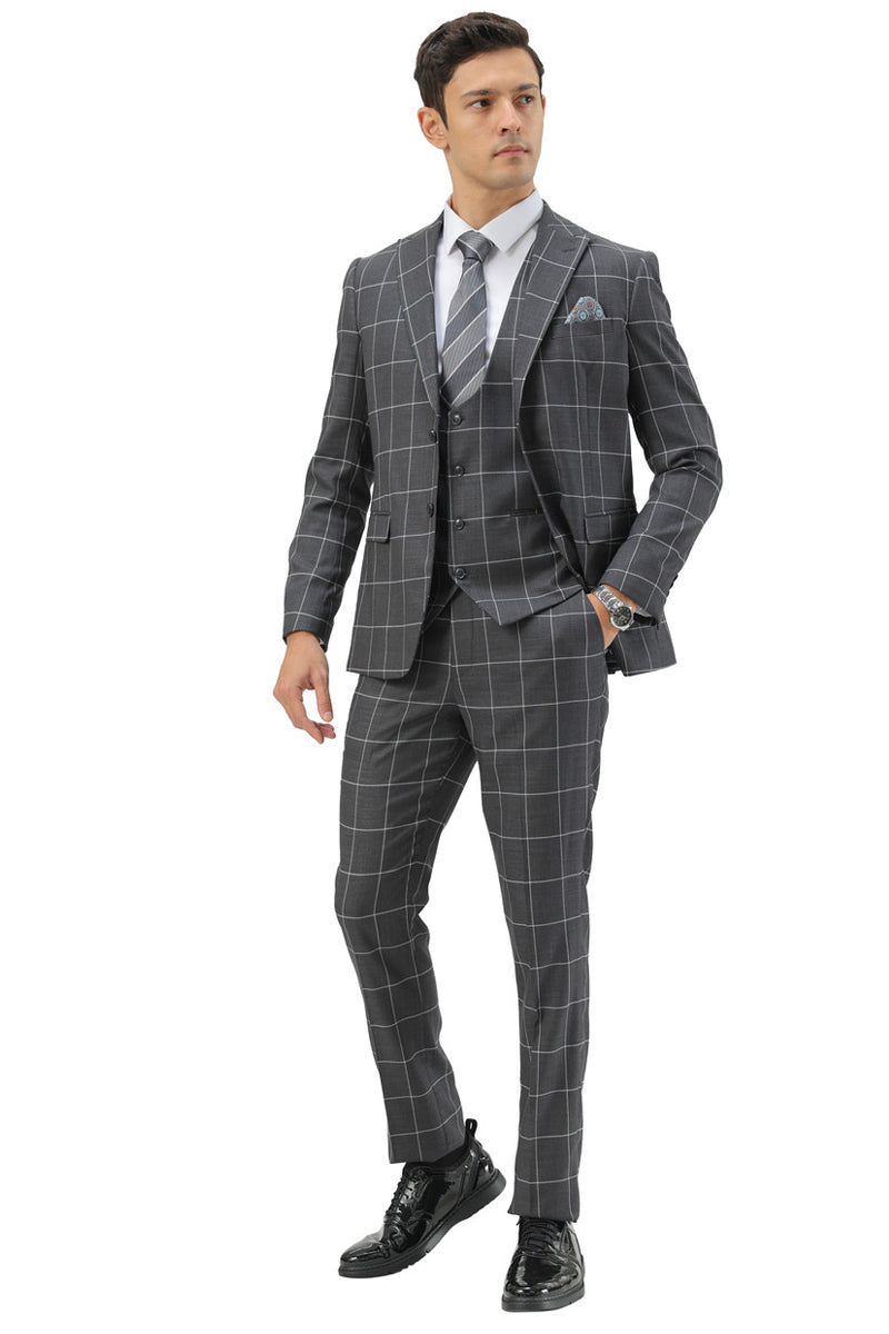 Men’s Slim Fit Two Button Peak Lapel Vested Suit in Grey Windowpane Plaid