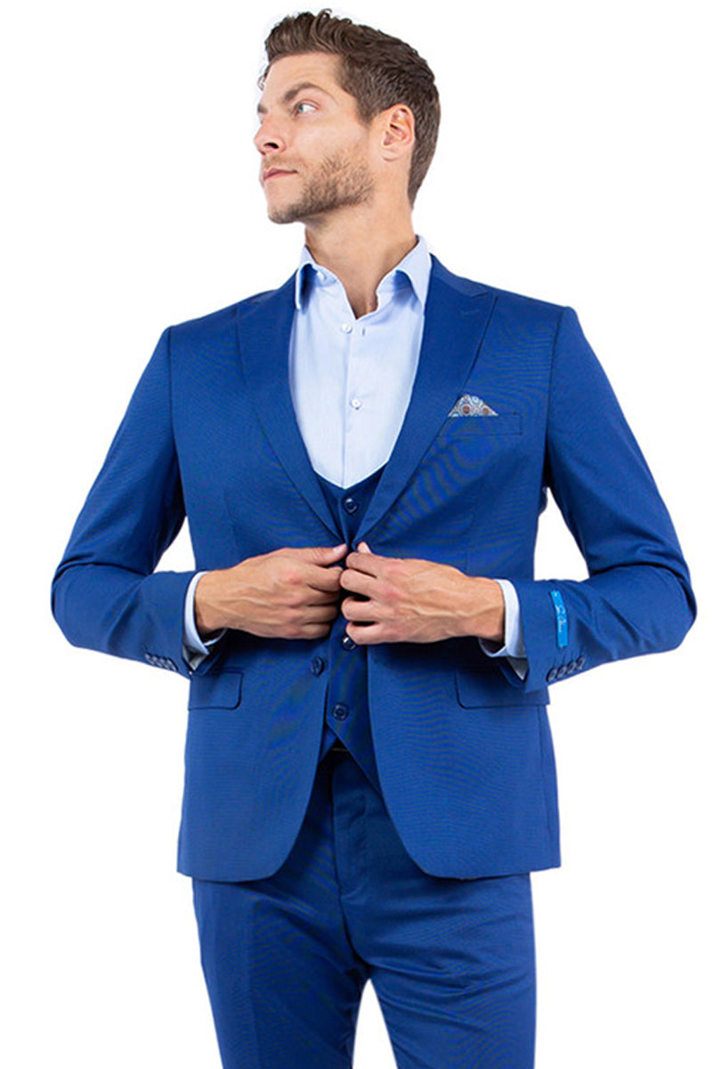 Men’s Two Button Vested Slim Fit Peak Lapel Suit in Blue Nailhead