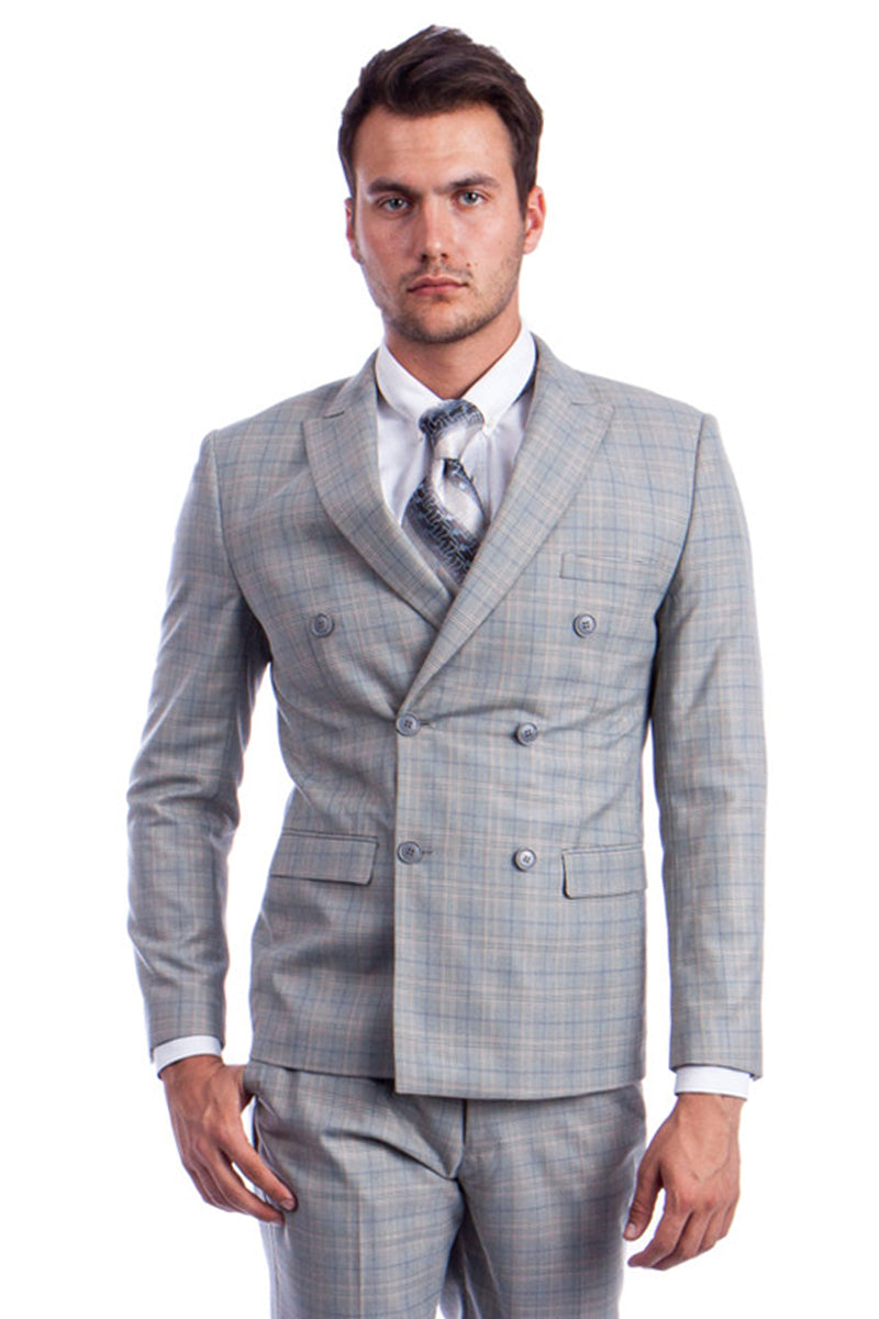 Men’s Slim Fit Double Breasted Glen Plaid Suit in Light Grey