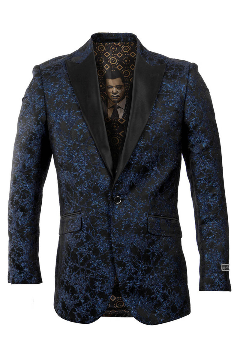 Men’s One Button Navy Blue Floral Print Prom Tuxedo Blazer