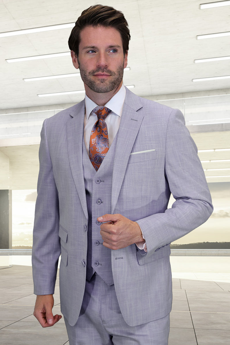 Men’s Designer Two Button Vested Summer Sharkskin Wool Suit in Lavender