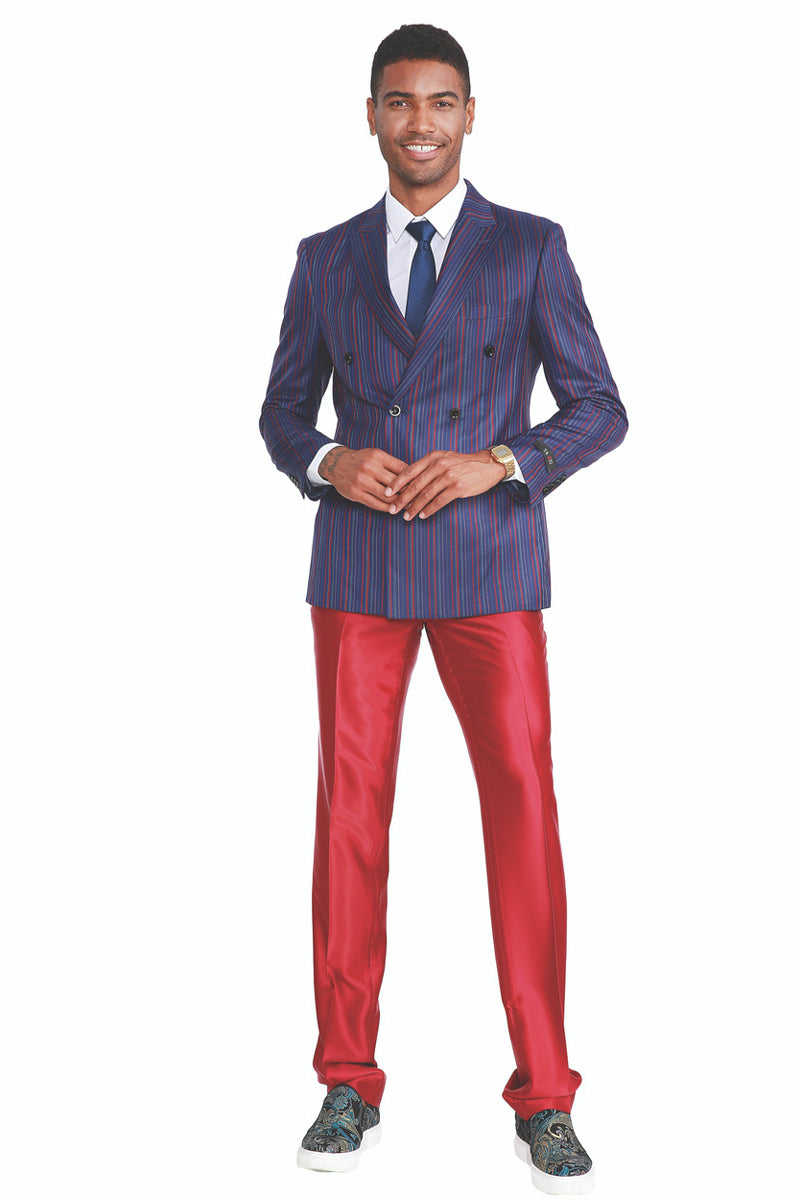 Men’s Slim Fit Double Breasted Fashion Suit in Navy Blue with Red Pinstripes and Red Satin Pants