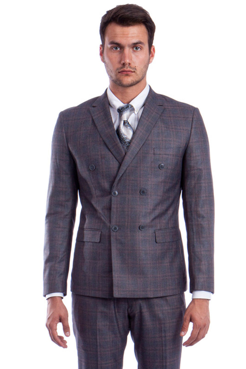 Men’s Slim Fit Double Breasted Glen Plaid Suit in Charcoal Grey