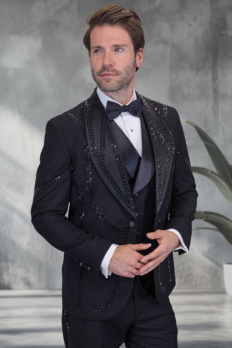Men’s Designer Wool Shawl Lapel Vested Tuxedo with Rhinestones in Black