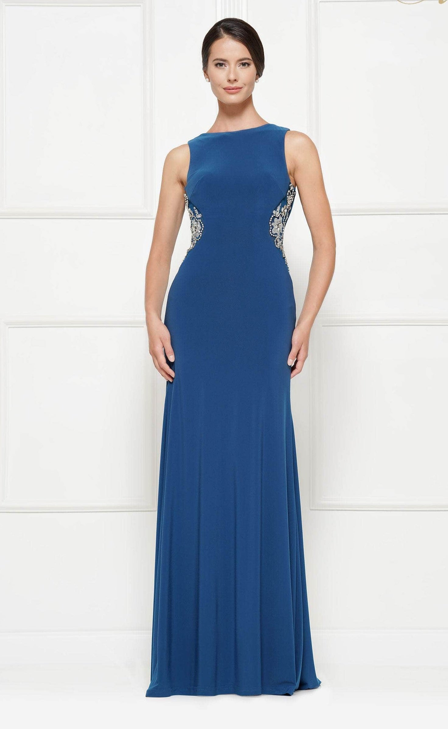 RD2029 Bejeweled Bateau Jersey Sheath Dress