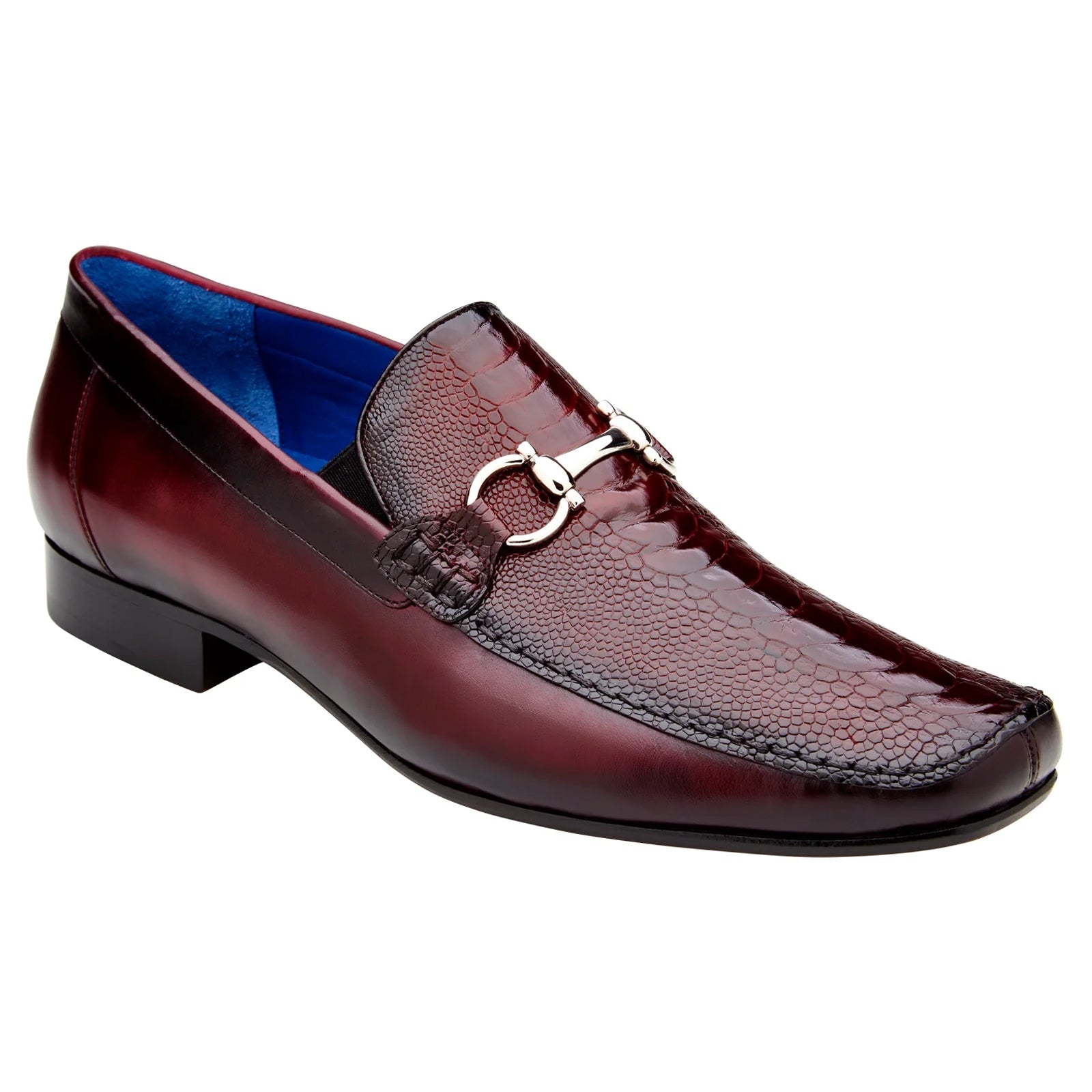 Men’s Belvedere Bruno Calfskin & Ostrich Leg Buckle Loafer in Burgundy