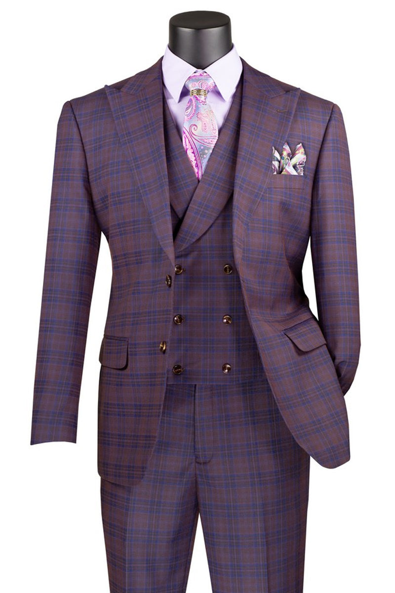 Men’s Summer Windowpane Plaid Suit with Double Breasted Vest in Purple