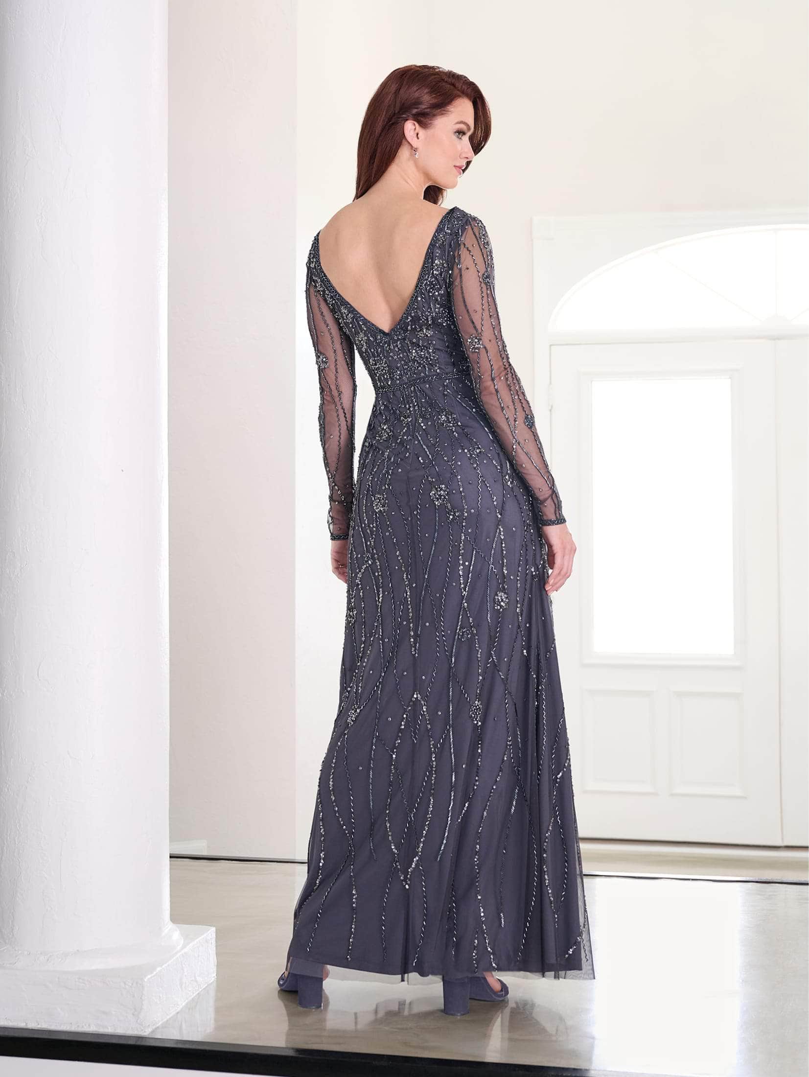Sheer Long Sleeve Beaded Evening Gown