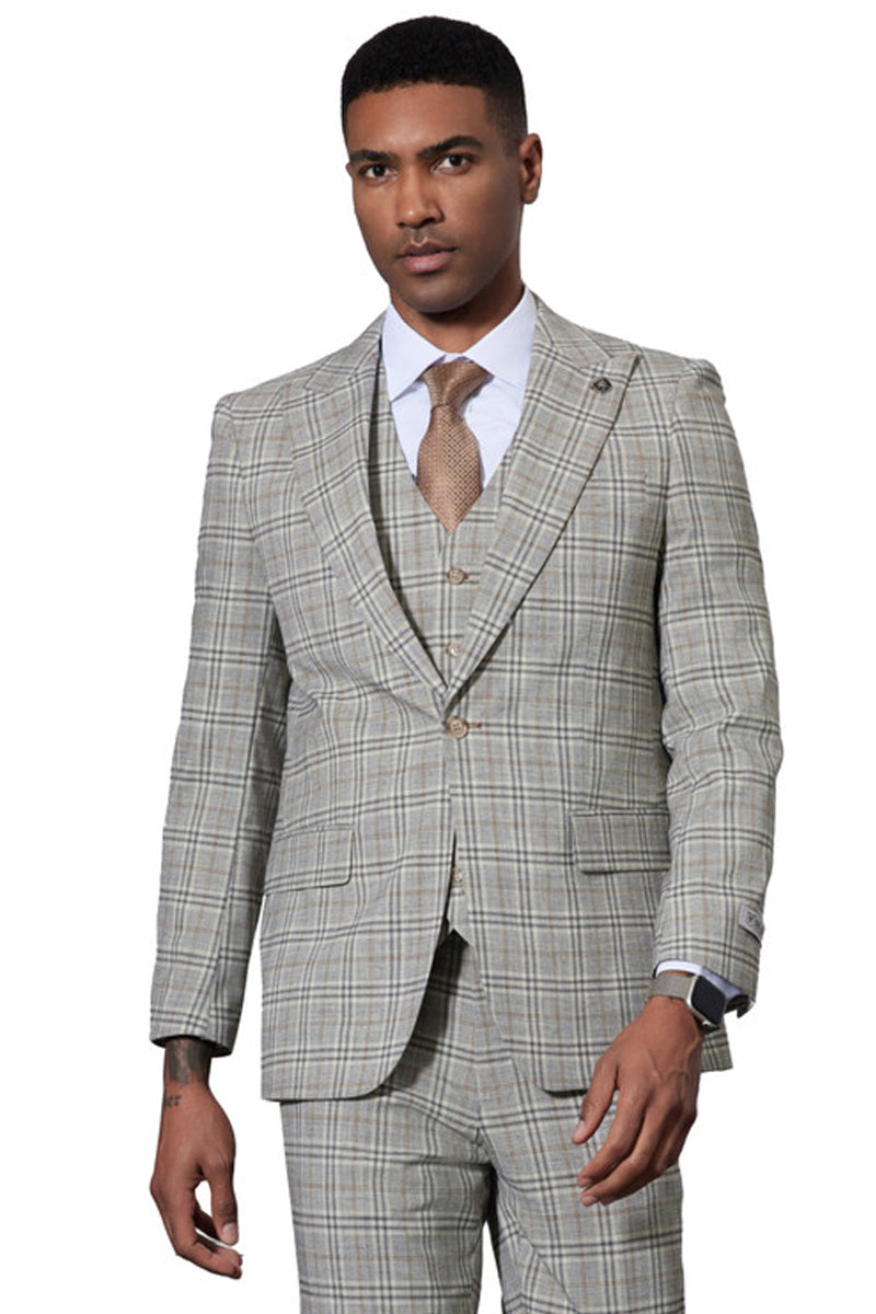 Men’s Stacy Adams One Button Peak Lapel Vested Glen Plaid Suit in Grey