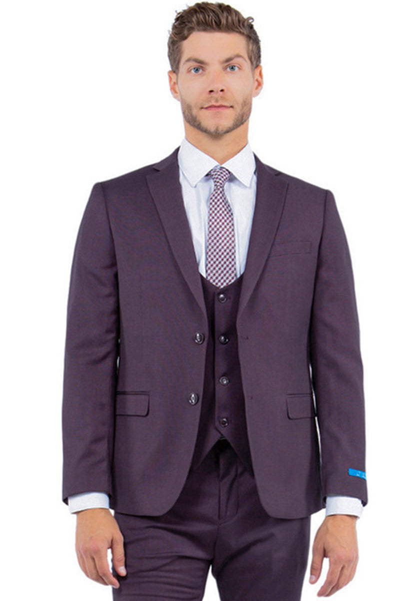 Men’s Two Button Vested Sharkskin Suit with a Scoop Vest in Burgundy