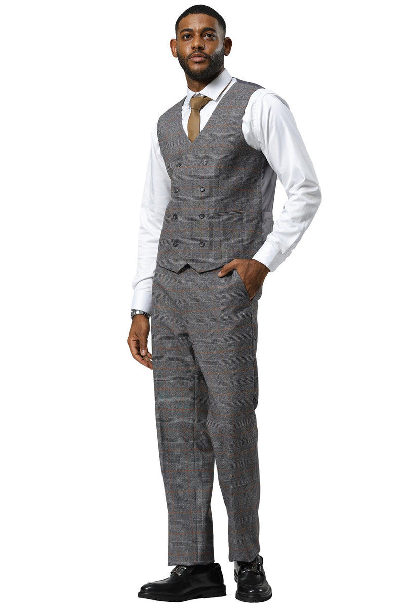 Men’s Stacy Adams One Button Peak Lapel Suit With Double Breasted Vest in Grey Glen Plaid