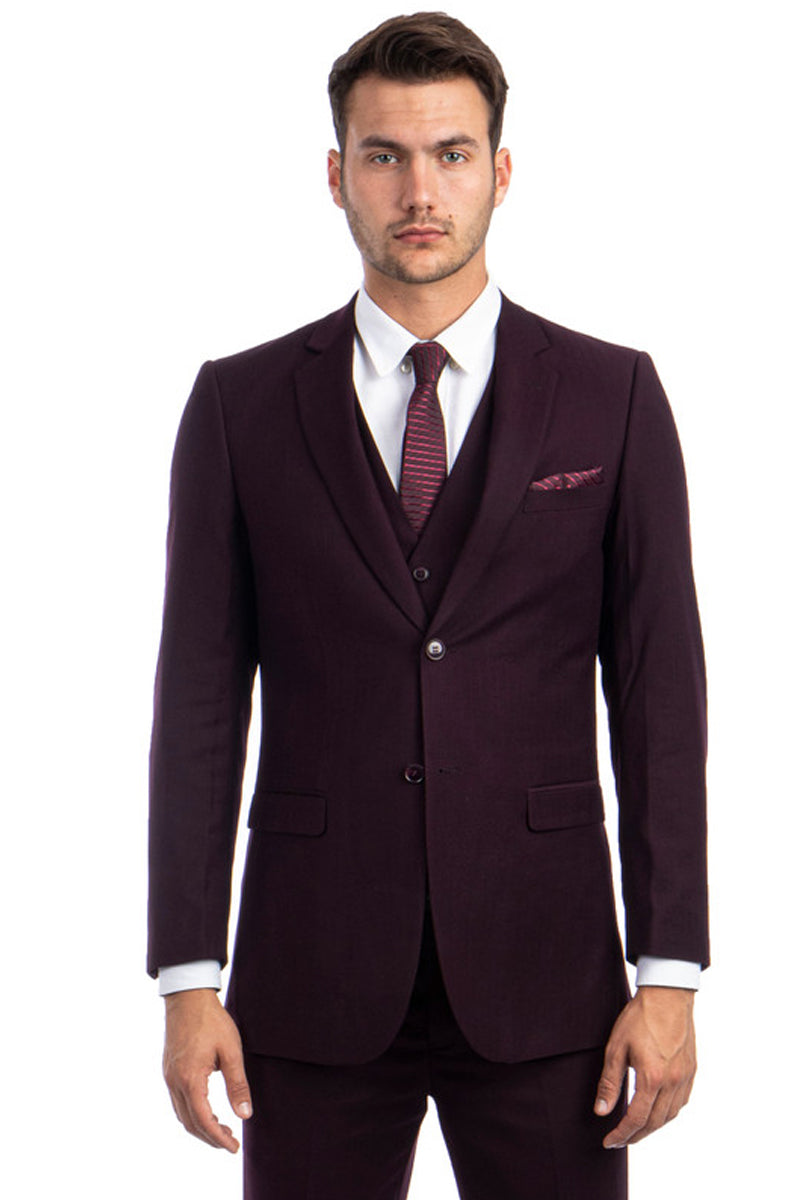 Men’s Modern Fit Vested Business Suit in Burgundy Tonal Shadow Pinstripe