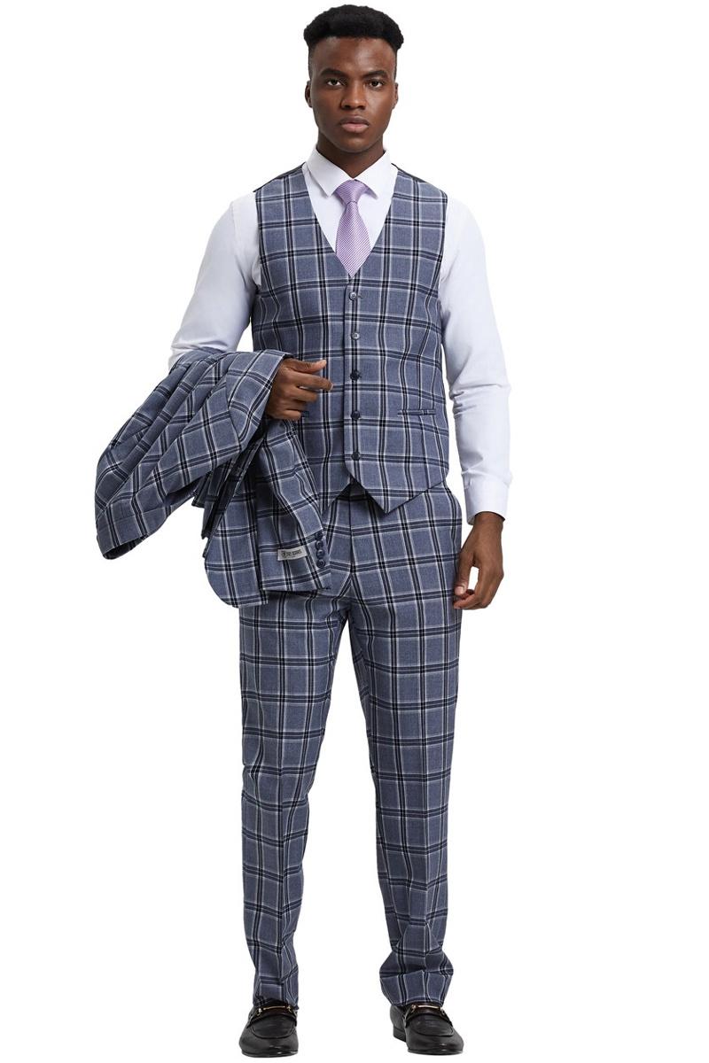 Men’s Stacy Adams Two Button Vested Glen Plaid Check Suit in Grey