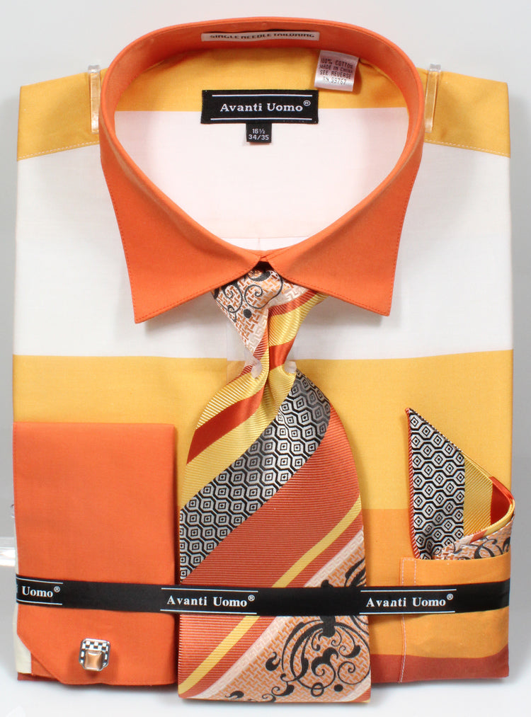 Men’s Contrast Collar Wide Horizontal Stripe French Cuff Dress Shirt, Tie, & Hanky Set in Yellow