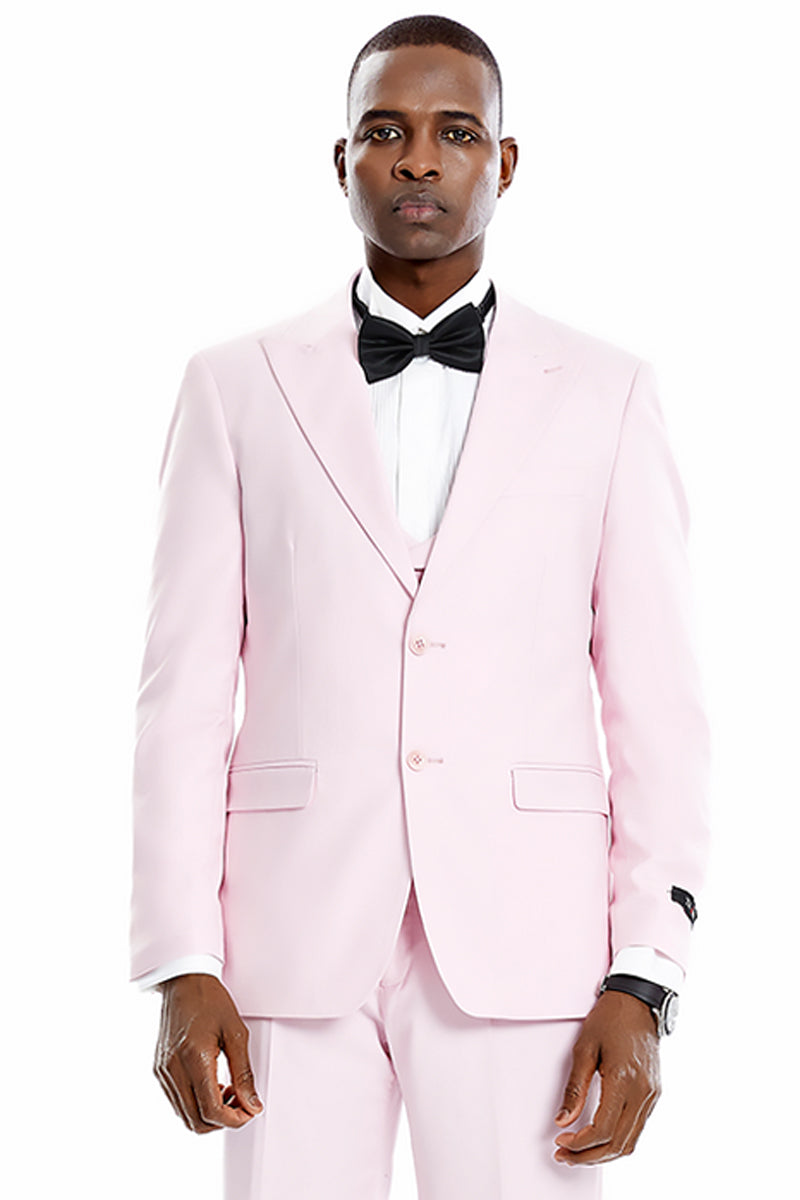 Men’s Two Button Vested Peak Lapel Pastel Wedding & Prom Suit in Pink