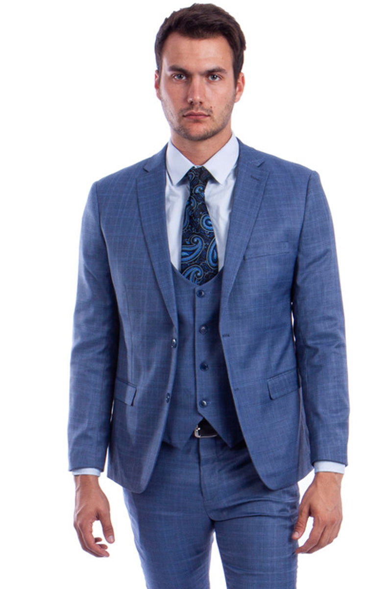 Men’s Two Button Vested Skinny Fit Suit with Low Cut Vest in Blue Plaid
