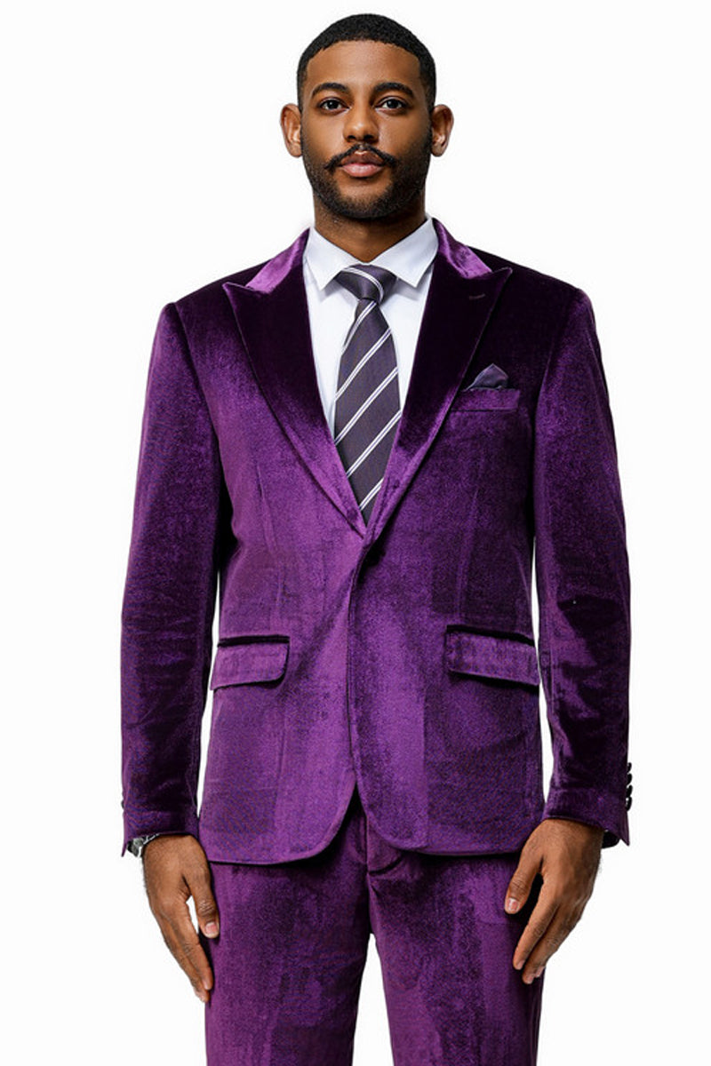 Men’s Slim Fit One Button Velvet Wedding & Prom Suit in Purple
